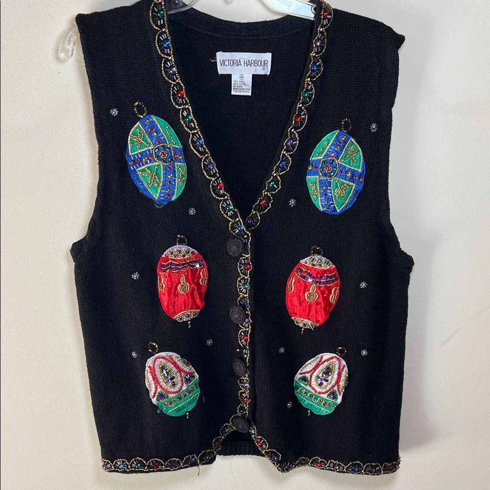 1990’s Size Medium V Neck Christmas Sweater Vest Hand Beaded Holiday Sweater